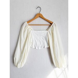 Urban Outfitters UO Claudia White Ribbed Corset Crop Top Long Puff Sleeve Small